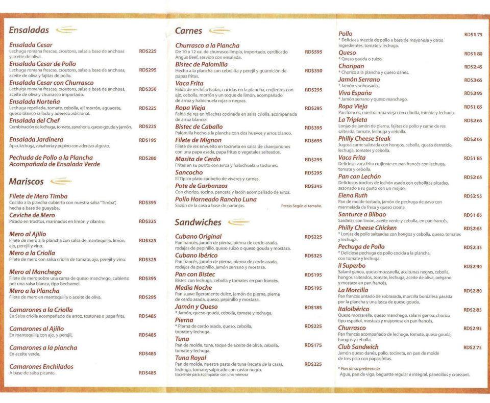 Menu at Timba pub & bar, Santo Domingo