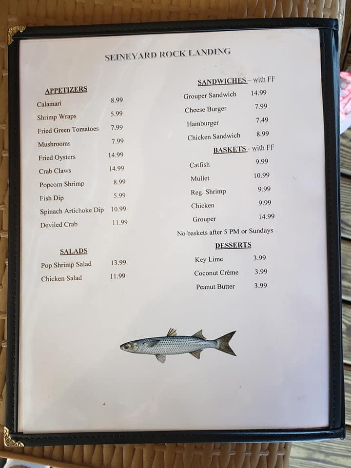 Menu at The Seineyard Rock Landing restaurant, Panacea