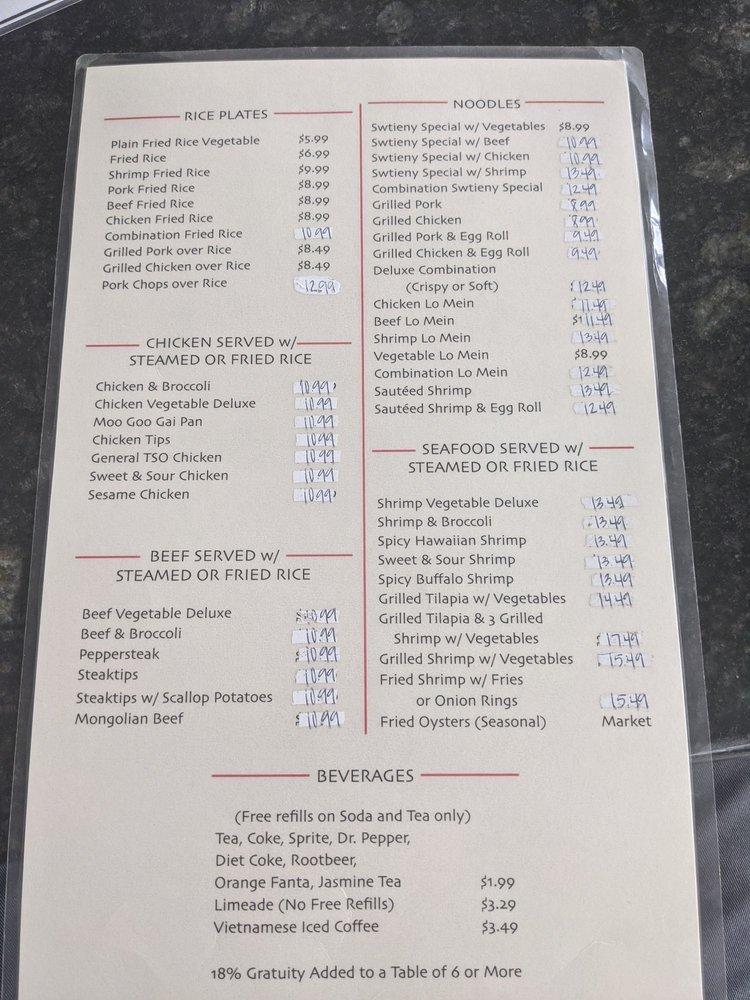 Menu at Tran's Restaurant, Palacios