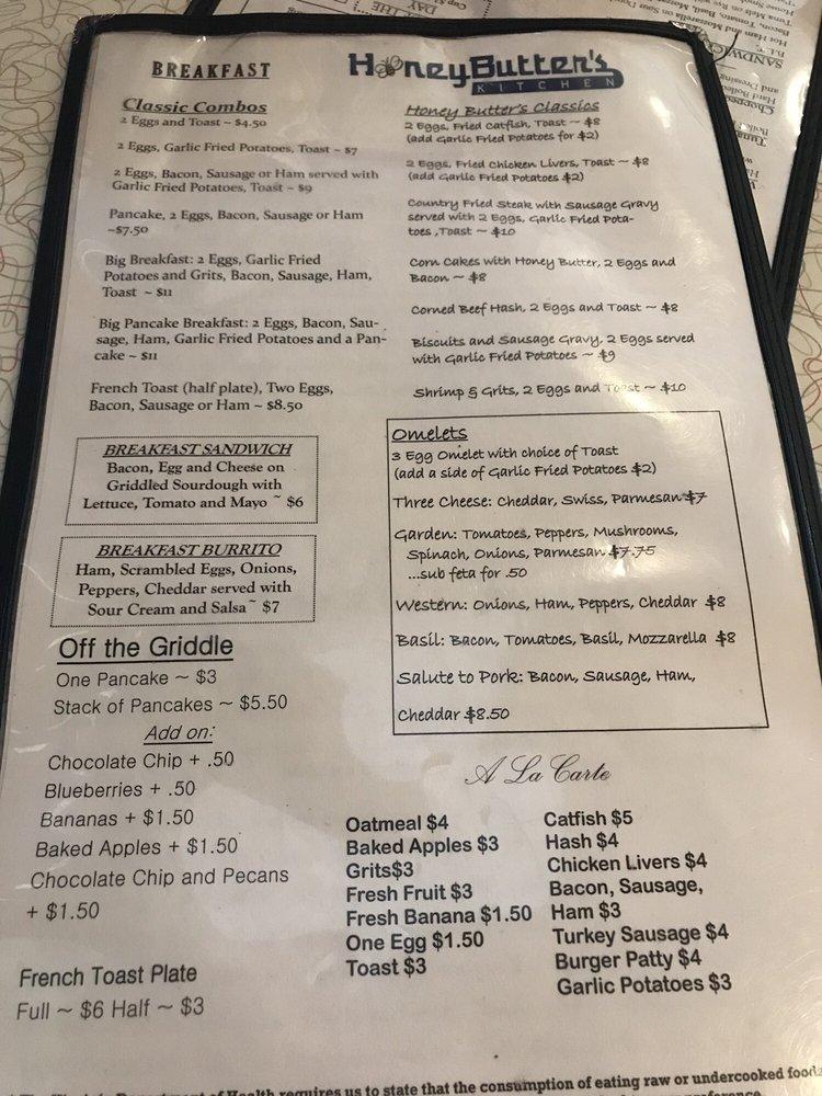 Menu at Honey Butter's Kitchen Monticello Ave restaurant, Williamsburg