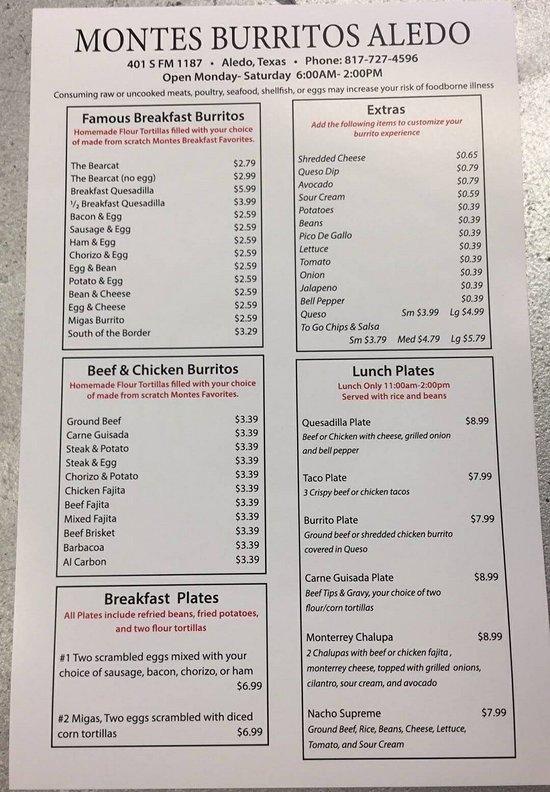 Menu at Montes Burritos Aledo restaurant, Aledo