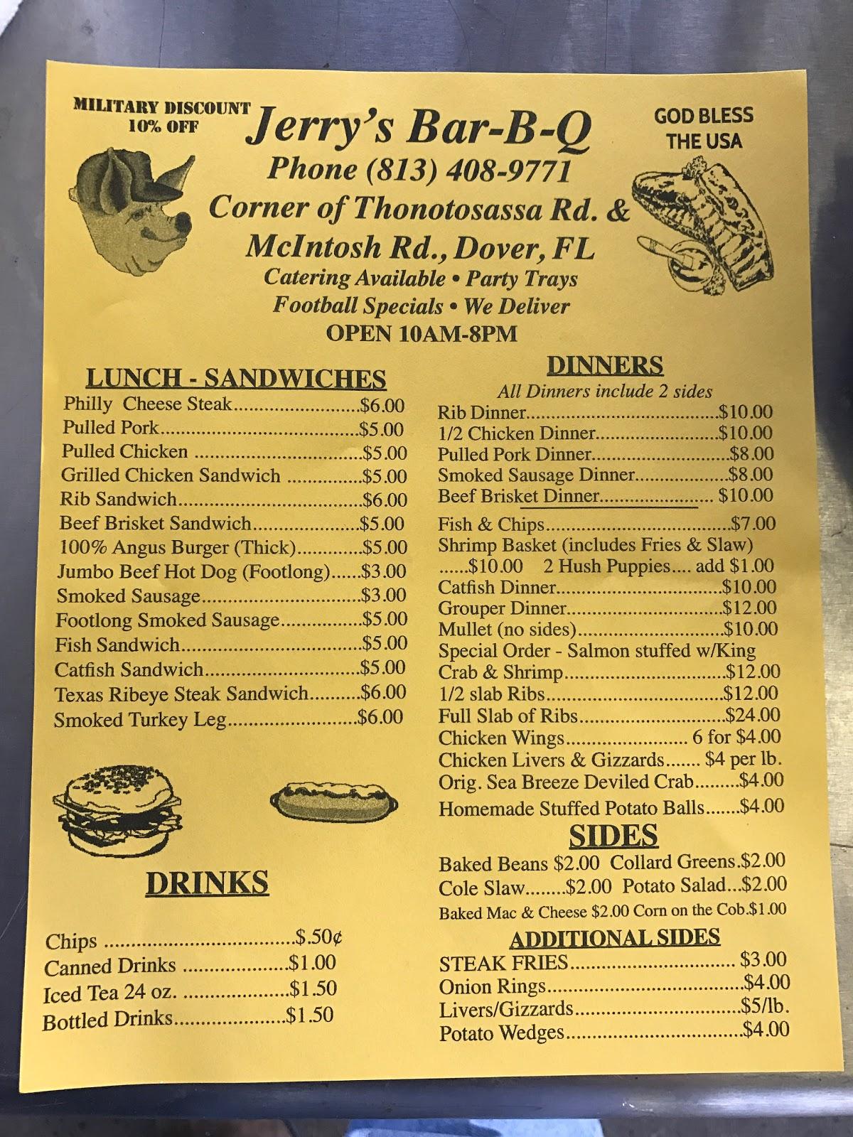 Menu at Jerry's Smokehouse BBQ, Thonotosassa
