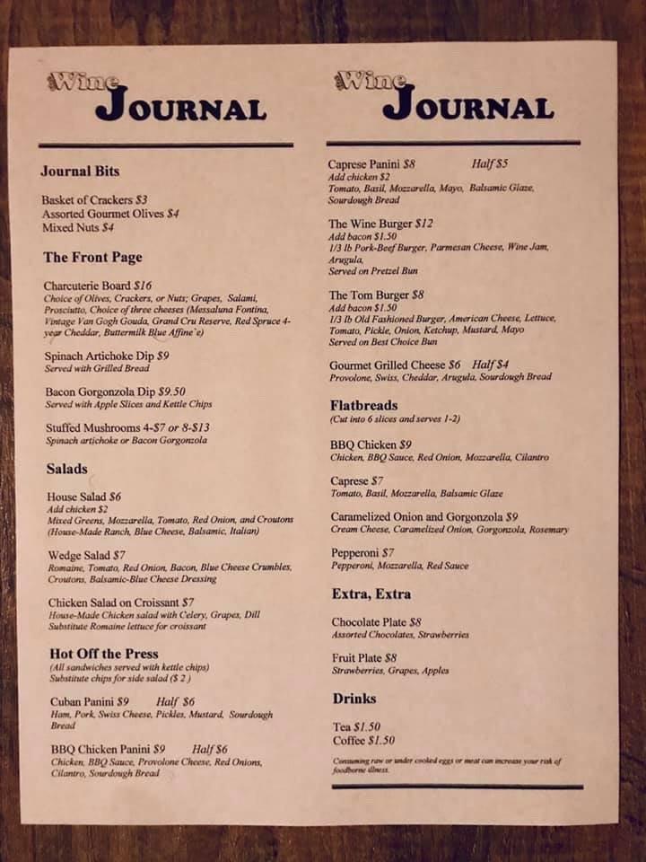 Menu at The Wine Journal pub & bar, Adrian