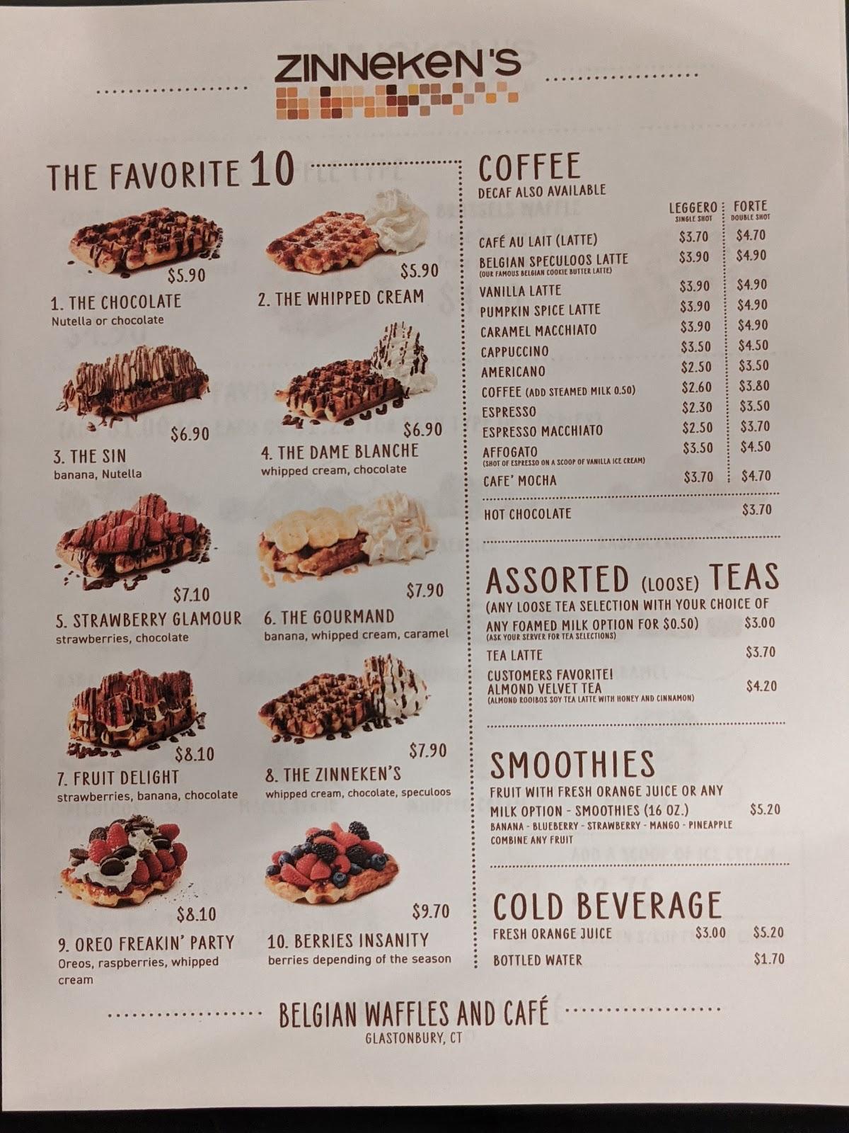 Menu at Zinneken's Belgian Waffles and Café (Glastonbury) restaurant