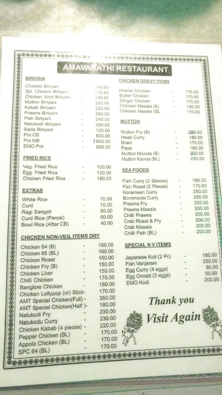 Amaravathi Family Restaurant menu