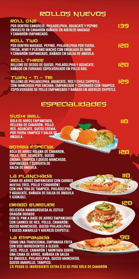 Menu at Dragon Dorado sushi roll restaurant, Manzanillo