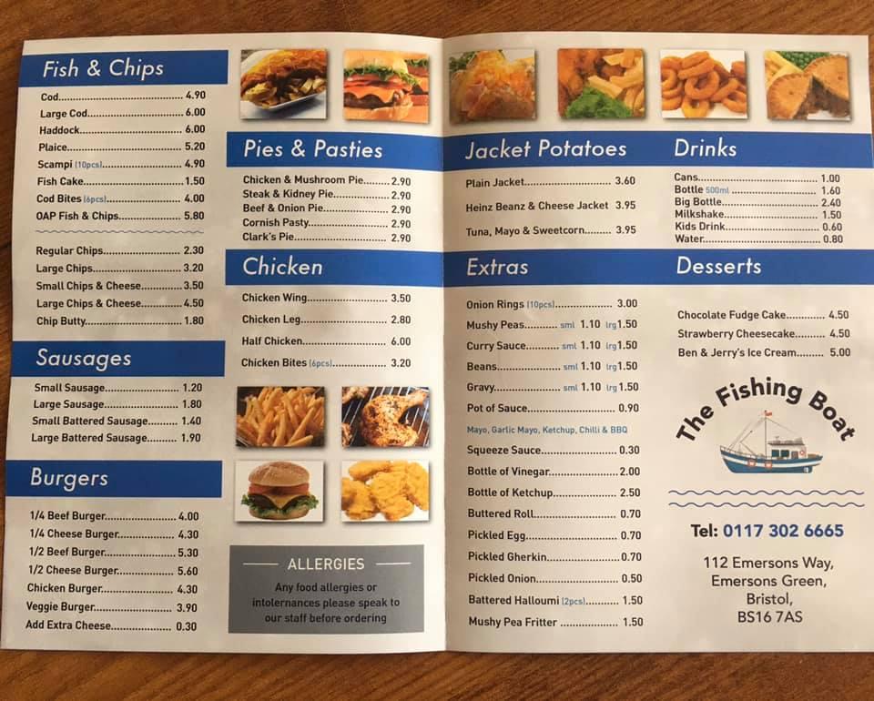 Menu at The Fishing Boat restaurant, Emersons Green