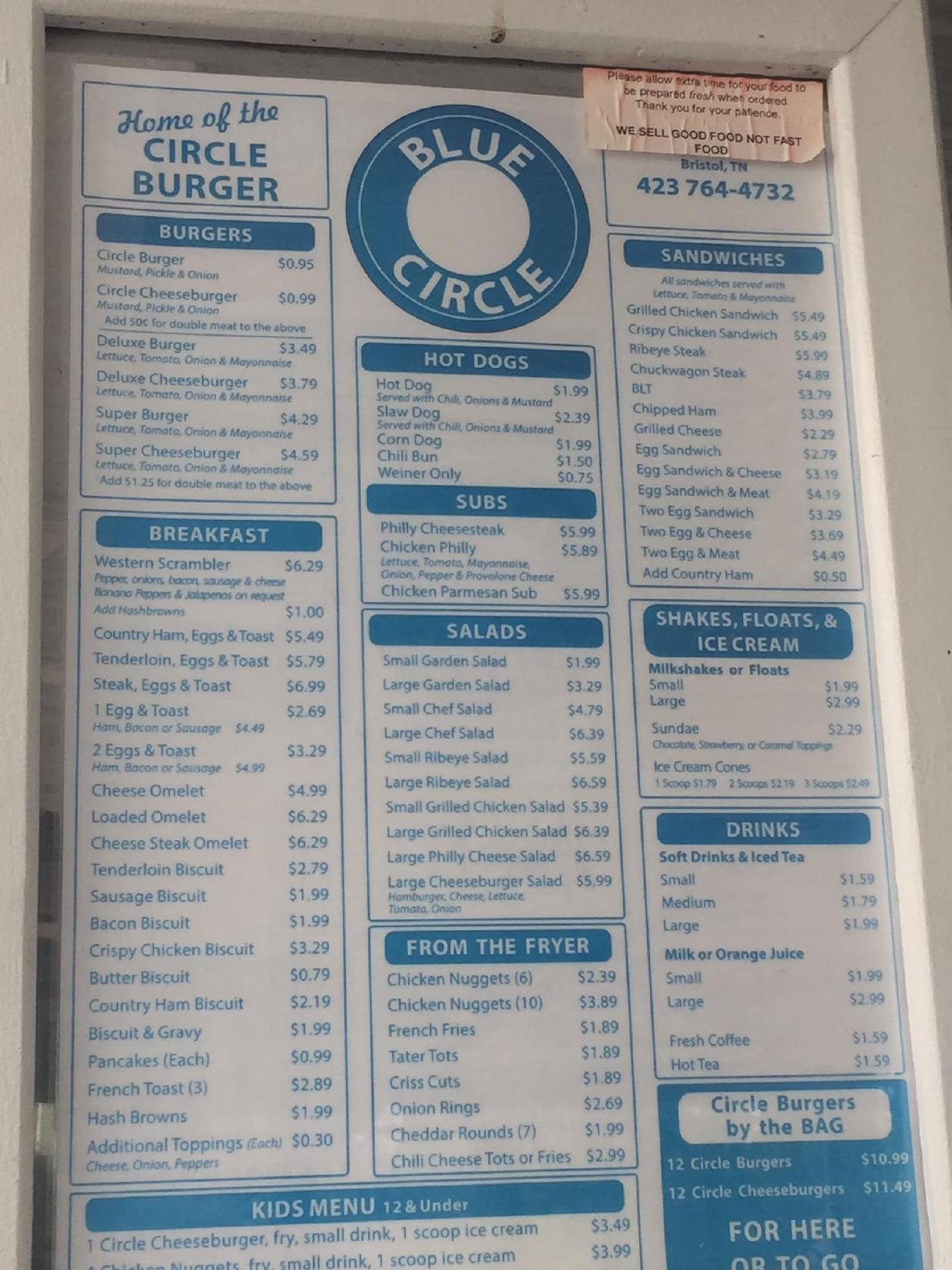 Menu at Blue Circle restaurant, Bristol, 333 Bluff City Hwy
