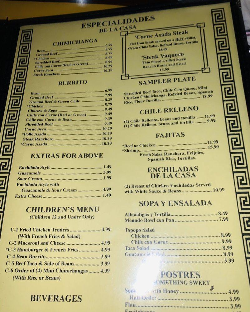 Menu at El Molinito restaurant, Tucson, 3675 W Ina Rd