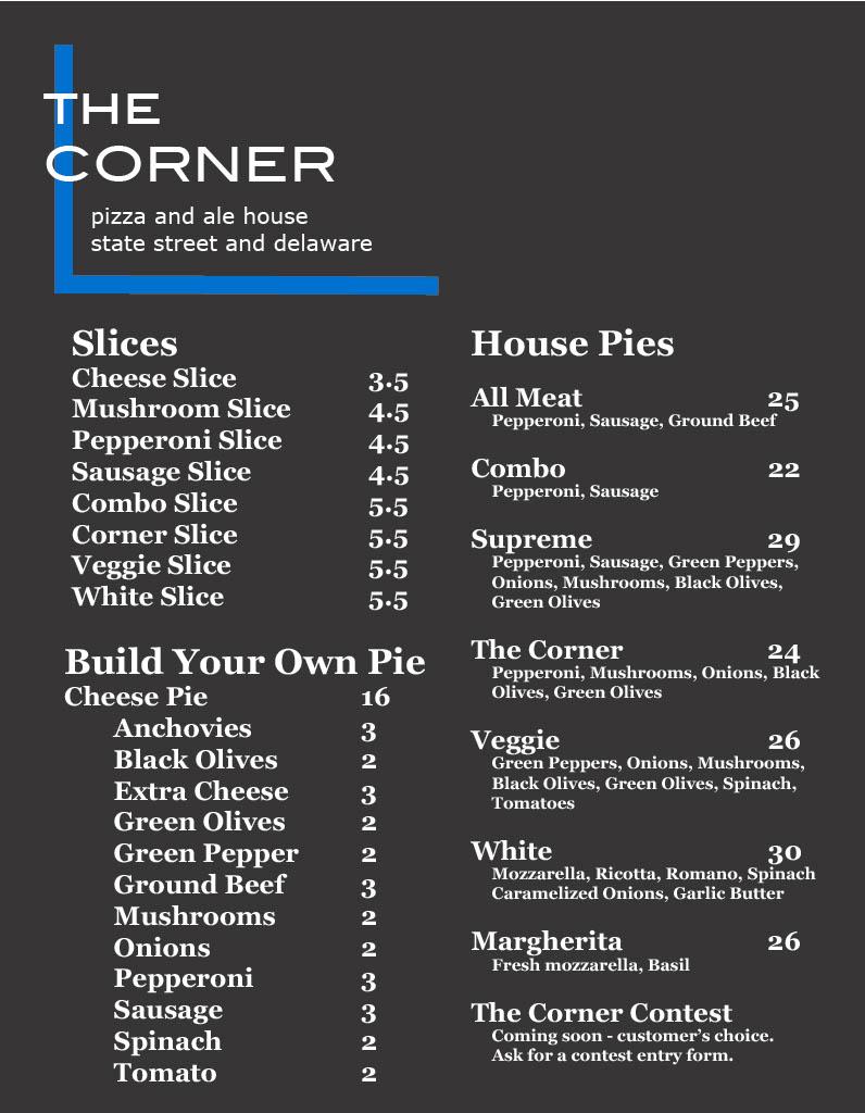 Carta de pizzería The Corner Pizza and Alehouse, Mason City