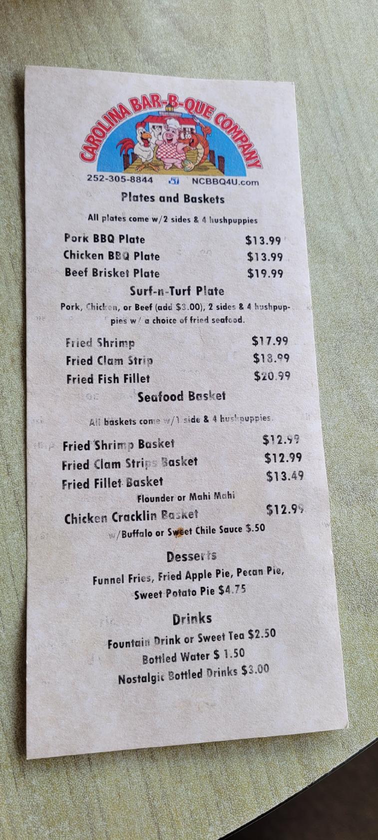 Menu at Carolina Bar-B-Que & Seafood Company, Manteo