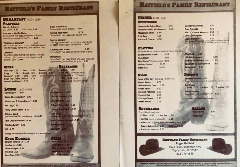 Menu at Hatfield's pub & bar, Zephyrhills