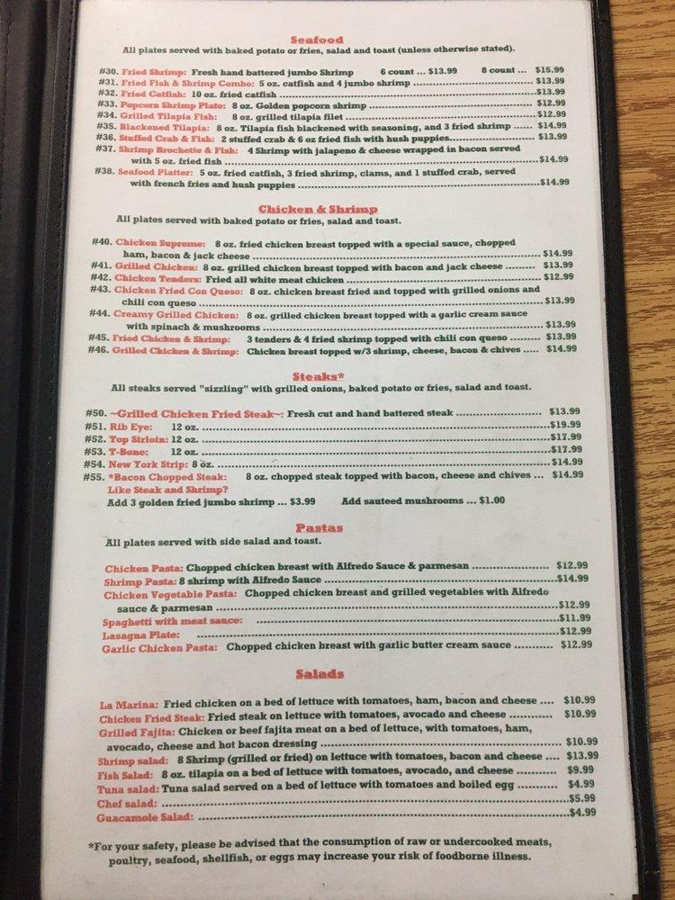 Menu at La Marina restaurant, La Grange, State Hwy 71