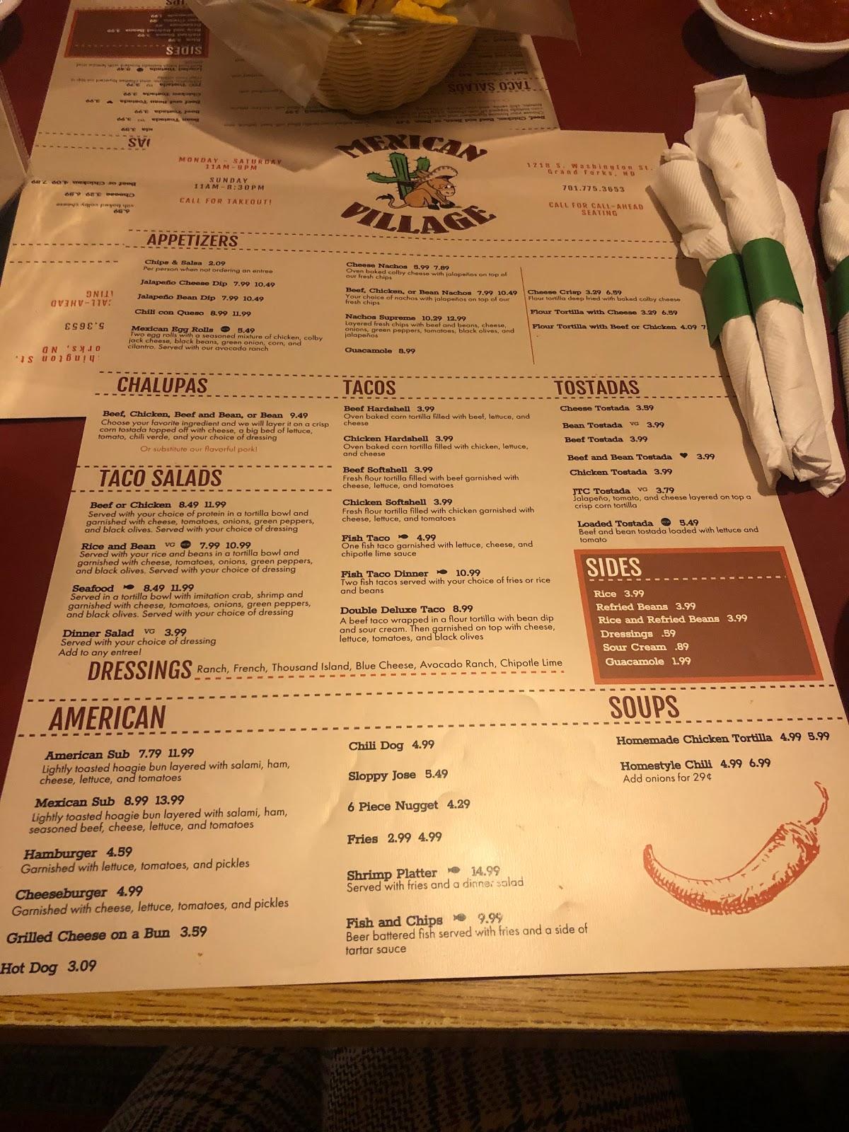 Menu at Mexican Village restaurant, Grand Forks