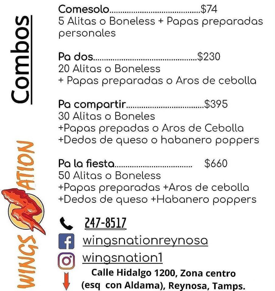 Menu at Wings Nation restaurant, Reynosa, C. Hidalgo 1200