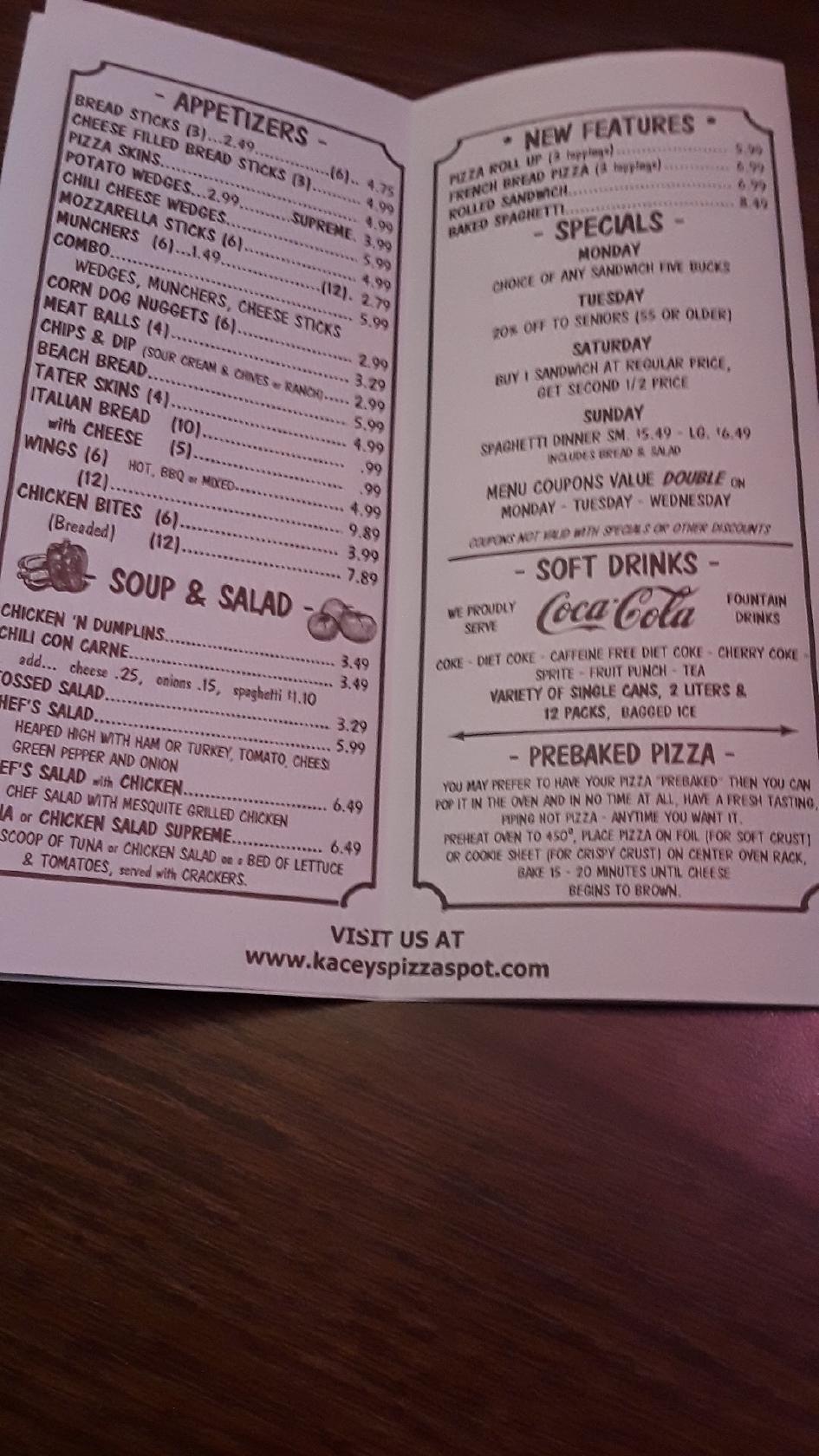 Menu at Kacey's Pizza Spot pizzeria, Whiteland, 89 US 31 S