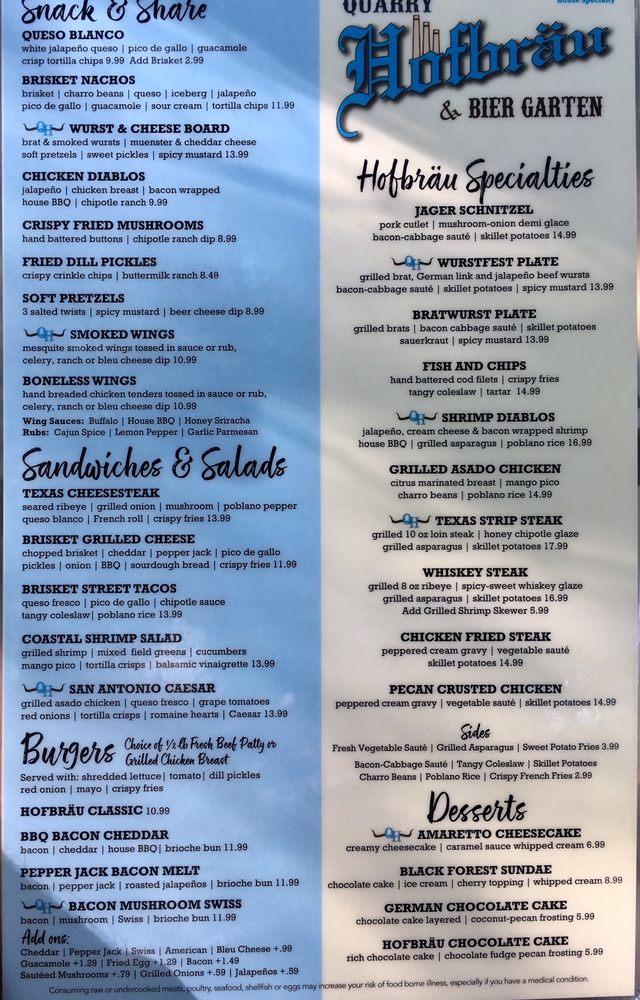 Menu at Quarry Hofbrau & Beer Garden pub & bar, San Antonio, Jones