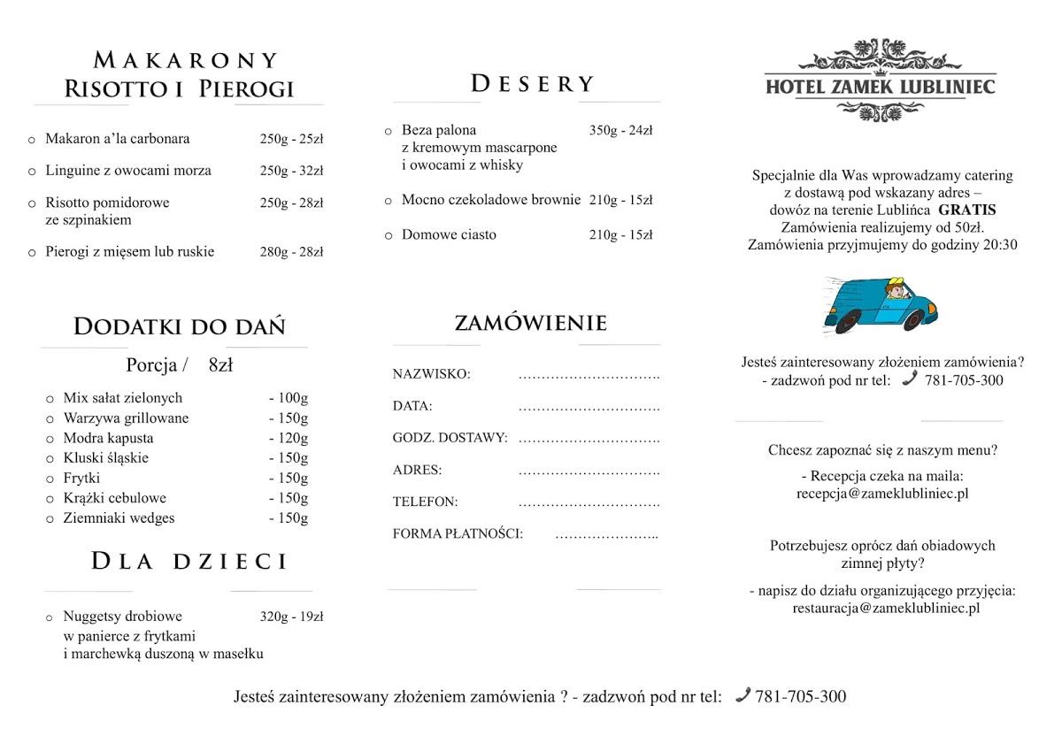 hotel zamek lubliniec menu