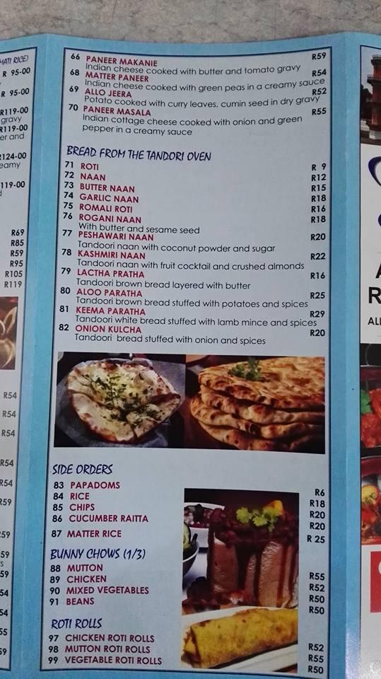 Menu at Patiala curry house restaurant, Secunda