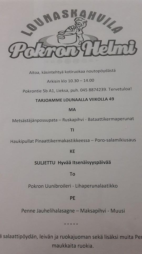 Menu at Pokron Helmi restaurant, Finland