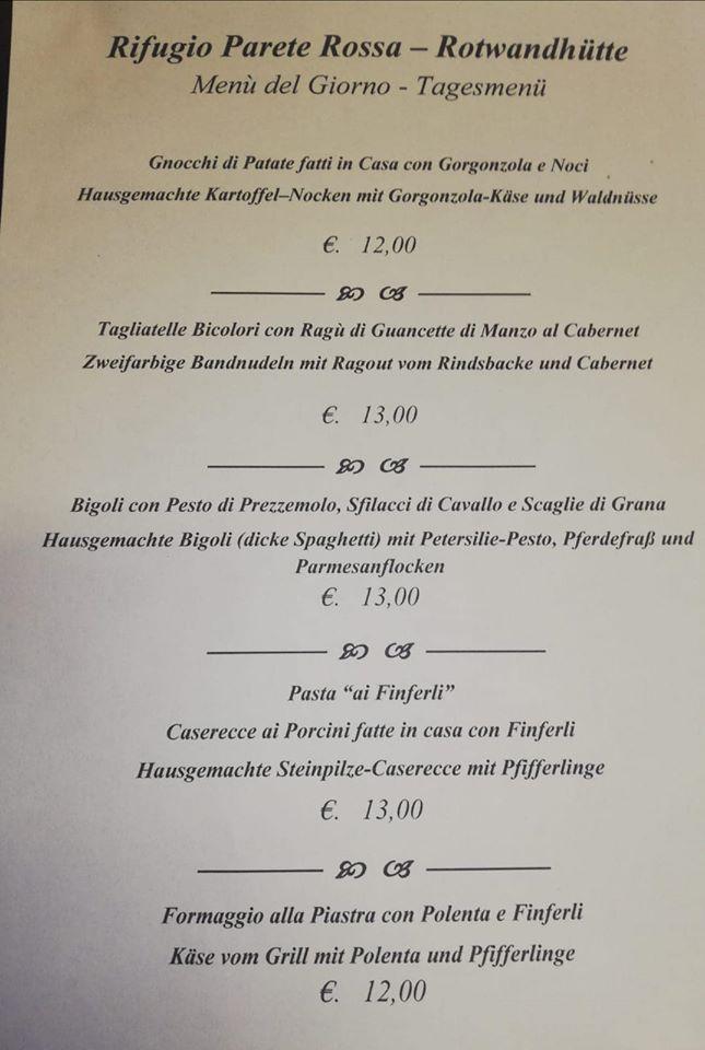 Menu di Rifugio Parete Rossa 
