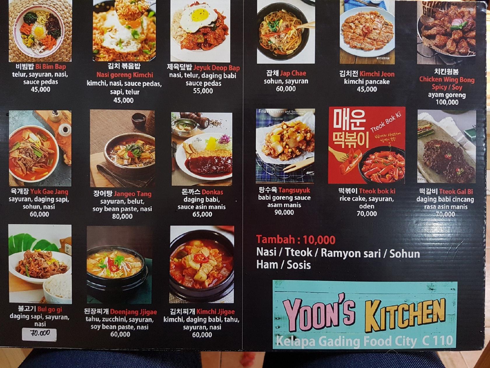 Menu at Yoon's Kitchen restaurant, North Jakarta, Gading Food City C11