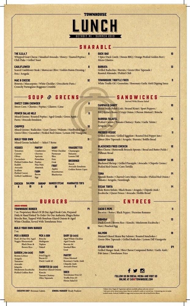 Menu at Townhouse Detroit pub & bar, Detroit, 500 Woodward Ave