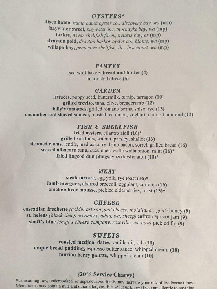 Menu at The Walrus and the Carpenter restaurant, Seattle