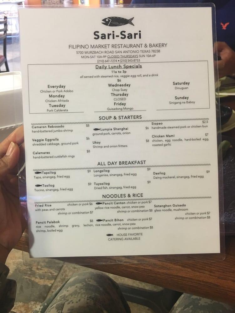 Menu at SariSari Filipino Restaurant, Market, & Bakery, San Antonio