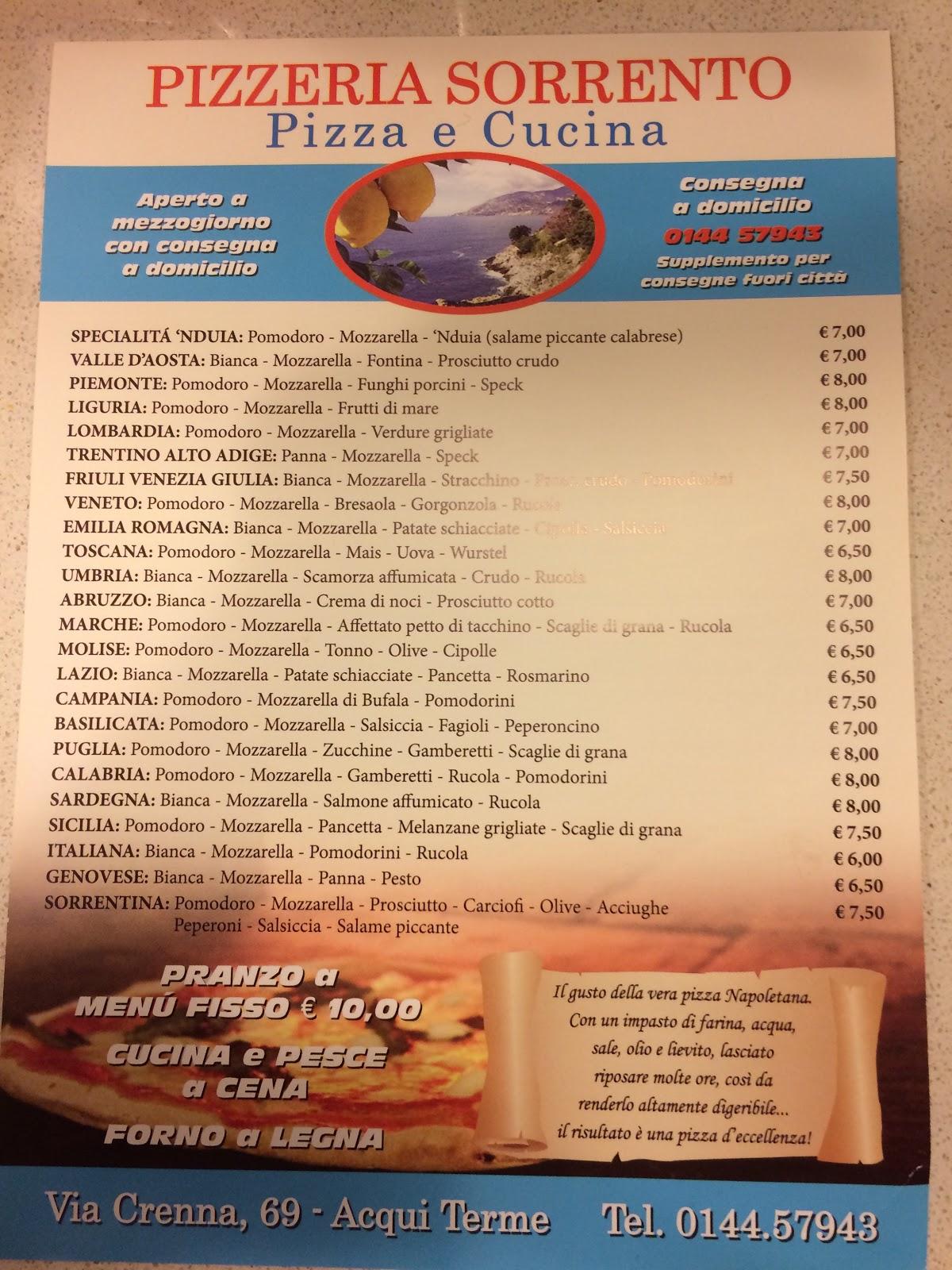 menu at pizzeria sorrento acqui terme via crenna