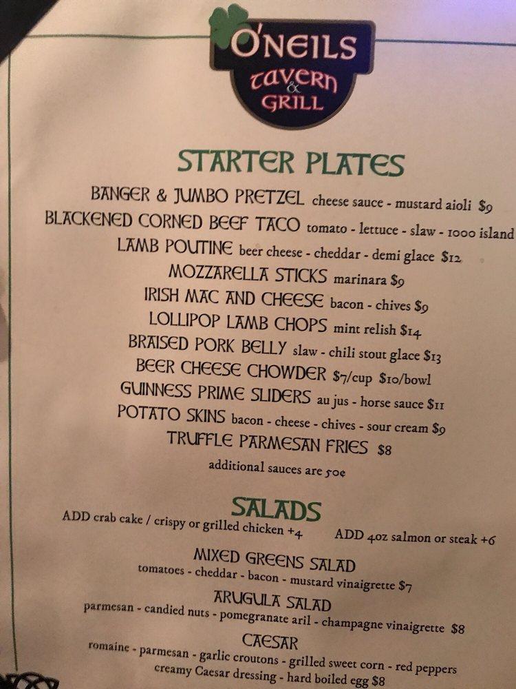 Menu at O'Neil's Tavern & Grill restaurant, Steamboat Springs