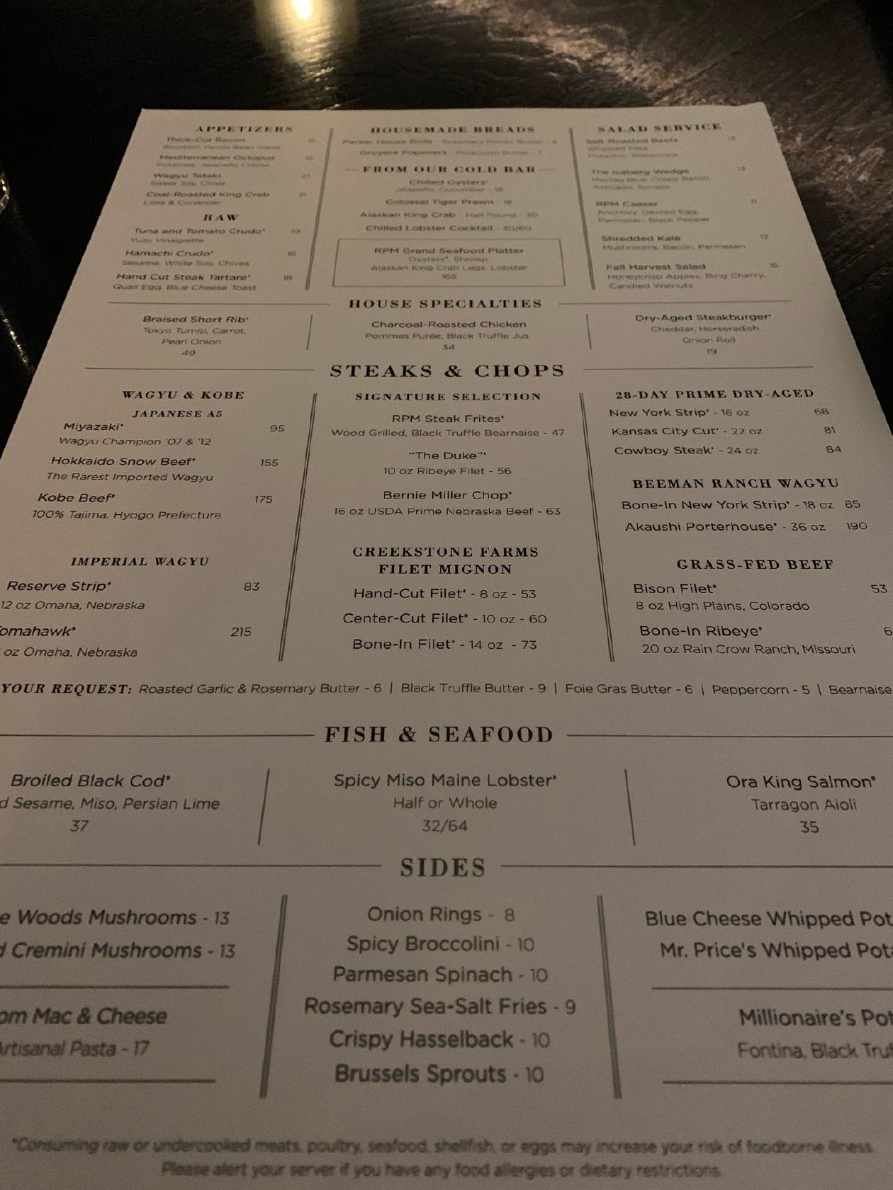 Menu at RPM Steak pub & bar, Chicago