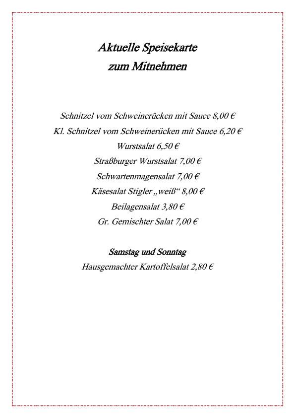 Menu at Gasthaus Stigler restaurant, Renchen