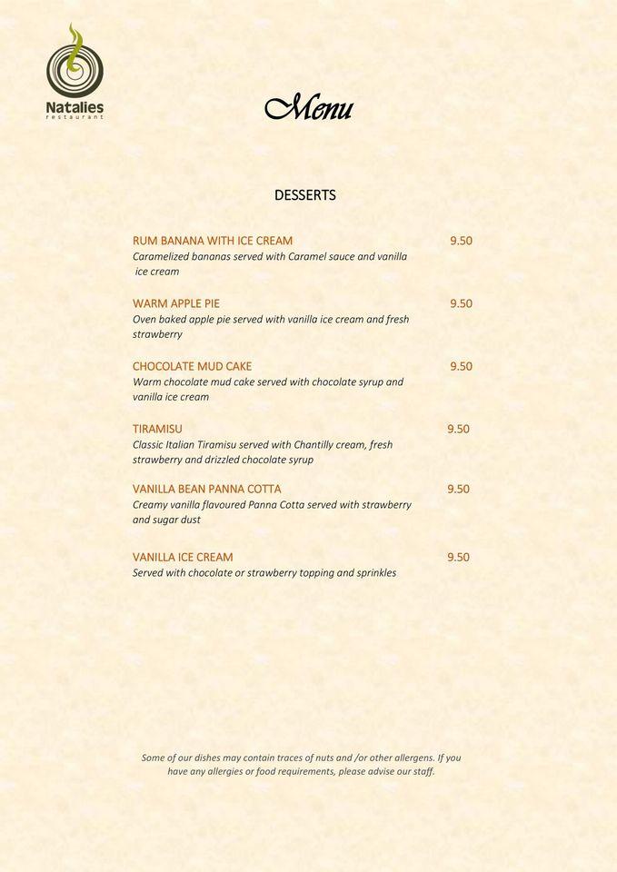 Menu at Natalie's Restaurant, Mitcham