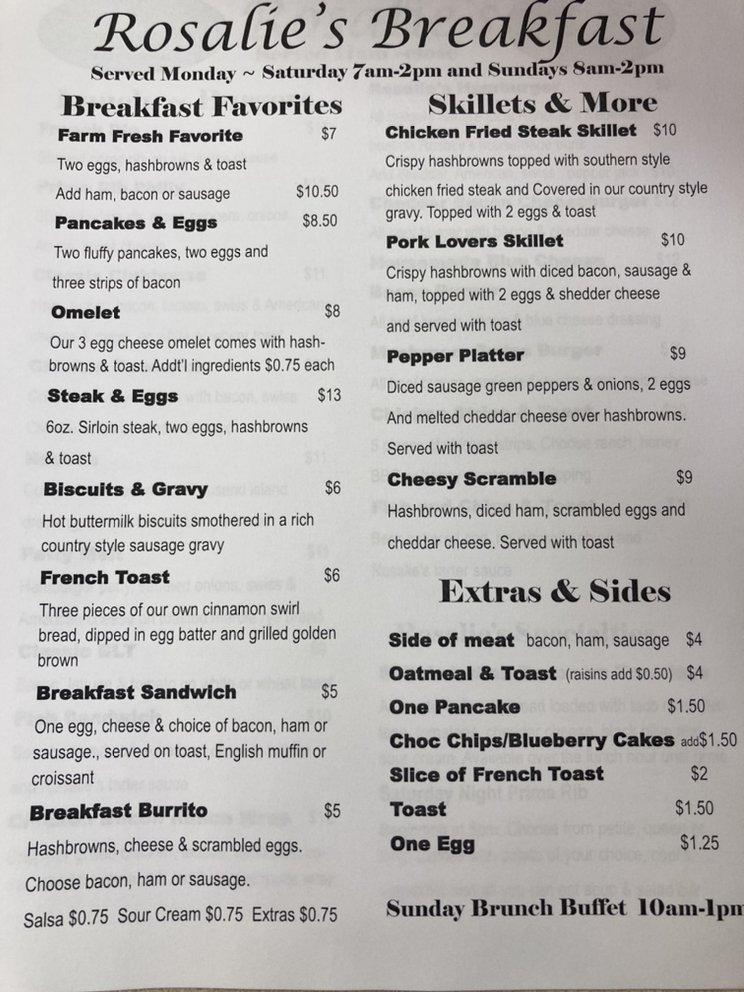 Menu at Rosalie's Restaurant, Bakery and Lounge, Sisseton