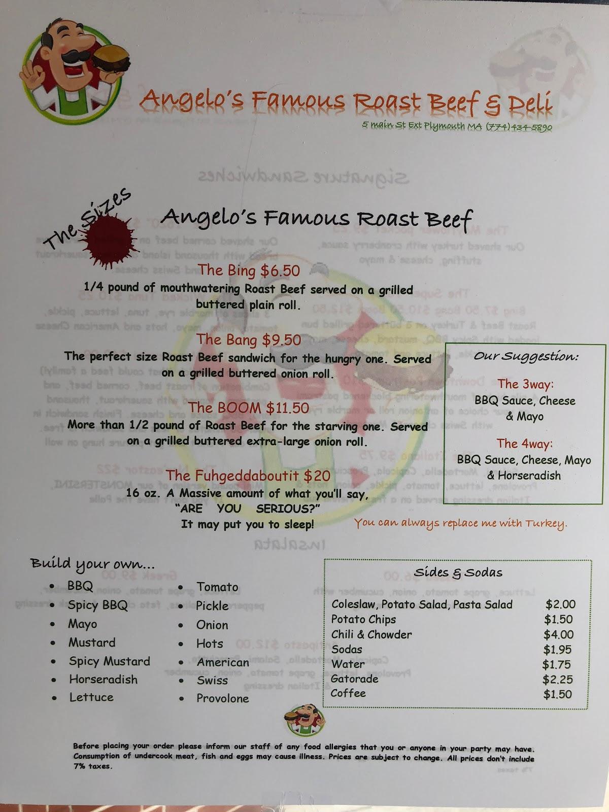 Menu at Angelo's Famous Roast Beef fast food, Plymouth, 5 Main St
