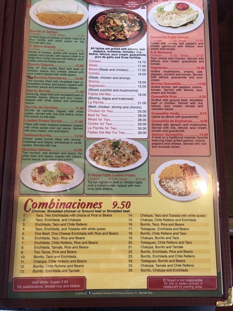 Menu at El Nopal restaurant, Jeffersonville, 700 W Riverside Dr #400