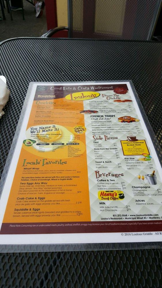 Menu at Loulou's Griddle In the Middle restaurant, Monterey, Municipal