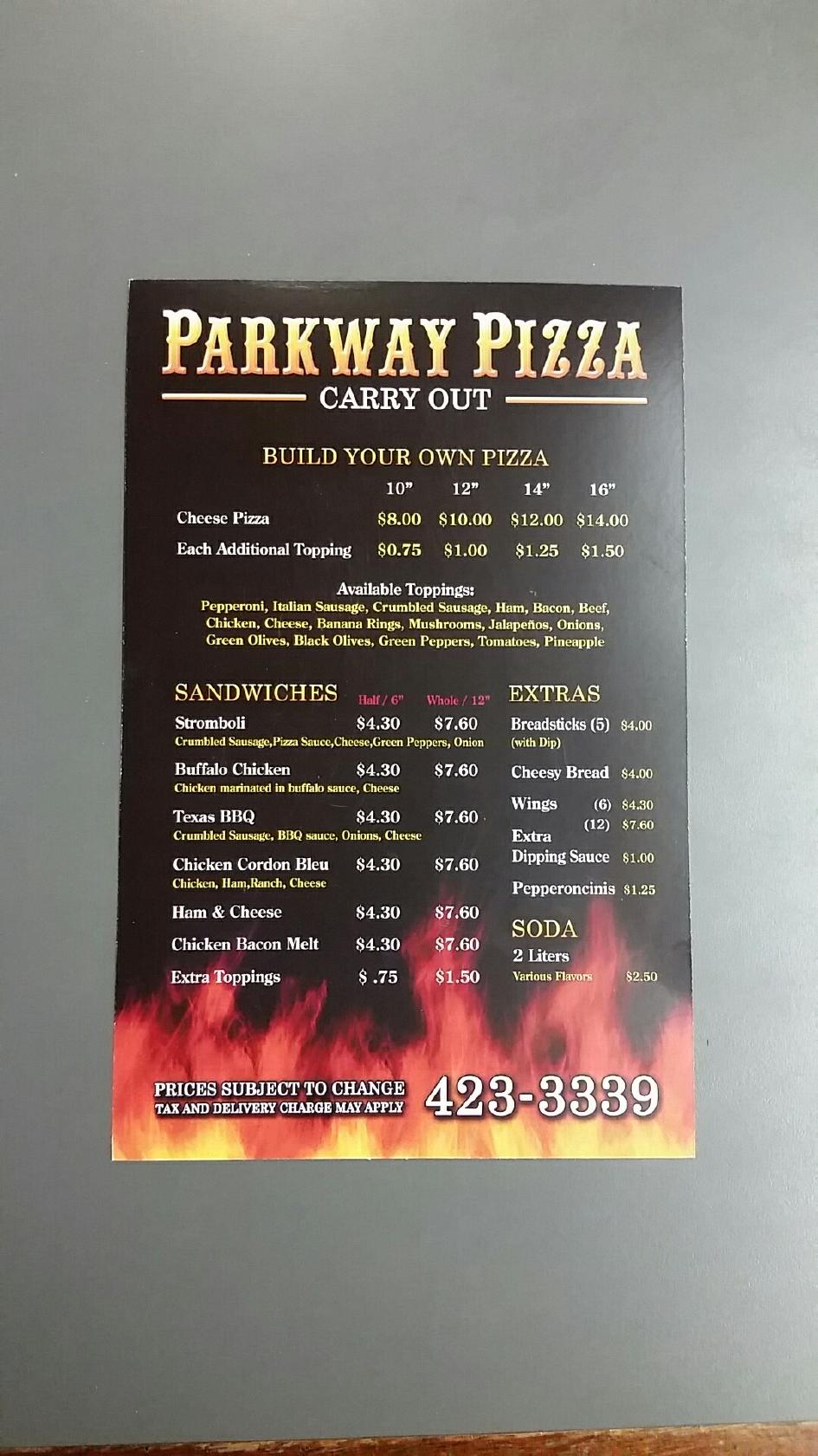 Menu at Parkway Pizza pizzeria, Evansville