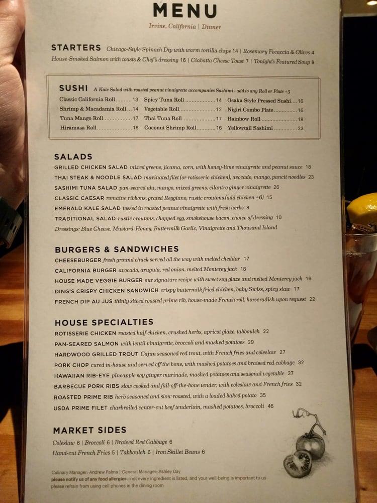 Menu at Houston's steakhouse, Irvine