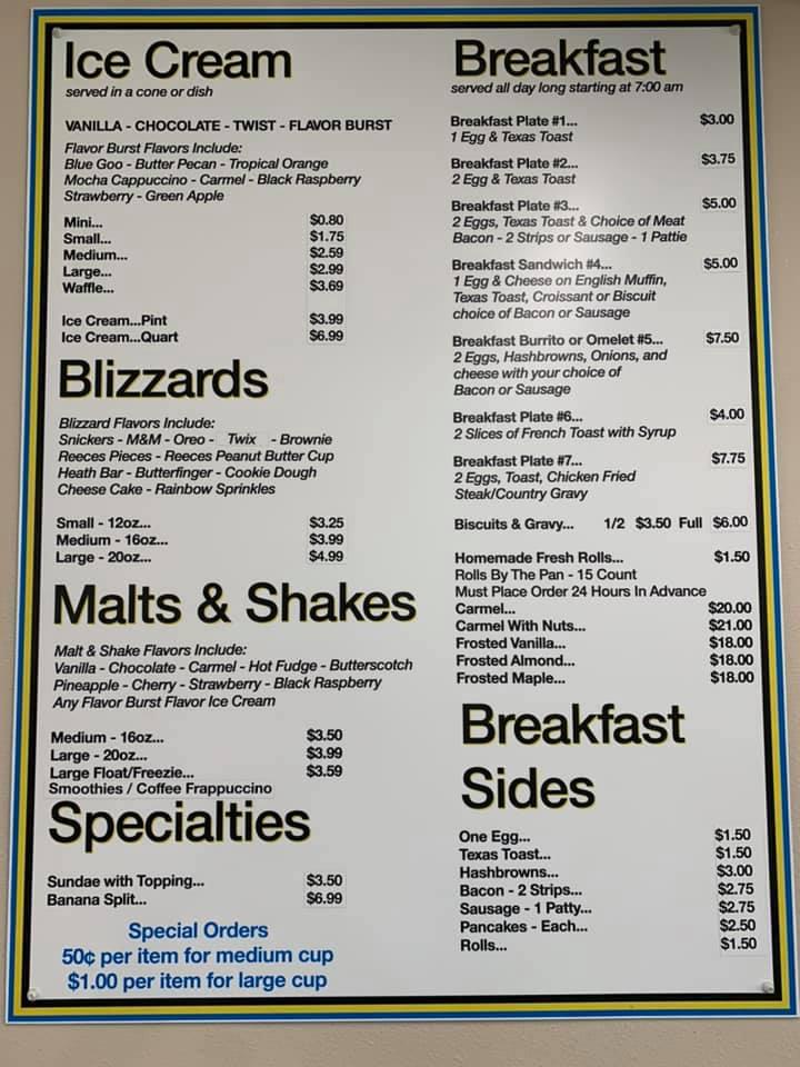 Menu at The Inside Scoop restaurant, Lake Andes