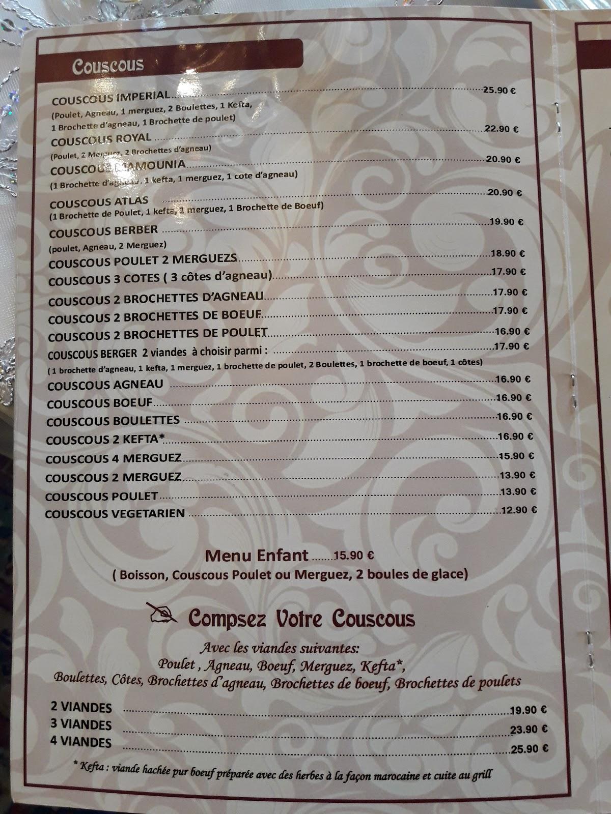 Menu at La Couscousserie restaurant, Quimper