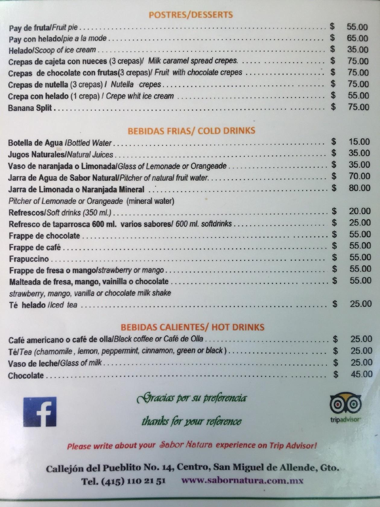 Menu at Sabor Natura restaurant, San Miguel de Allende, Del Pueblito 14