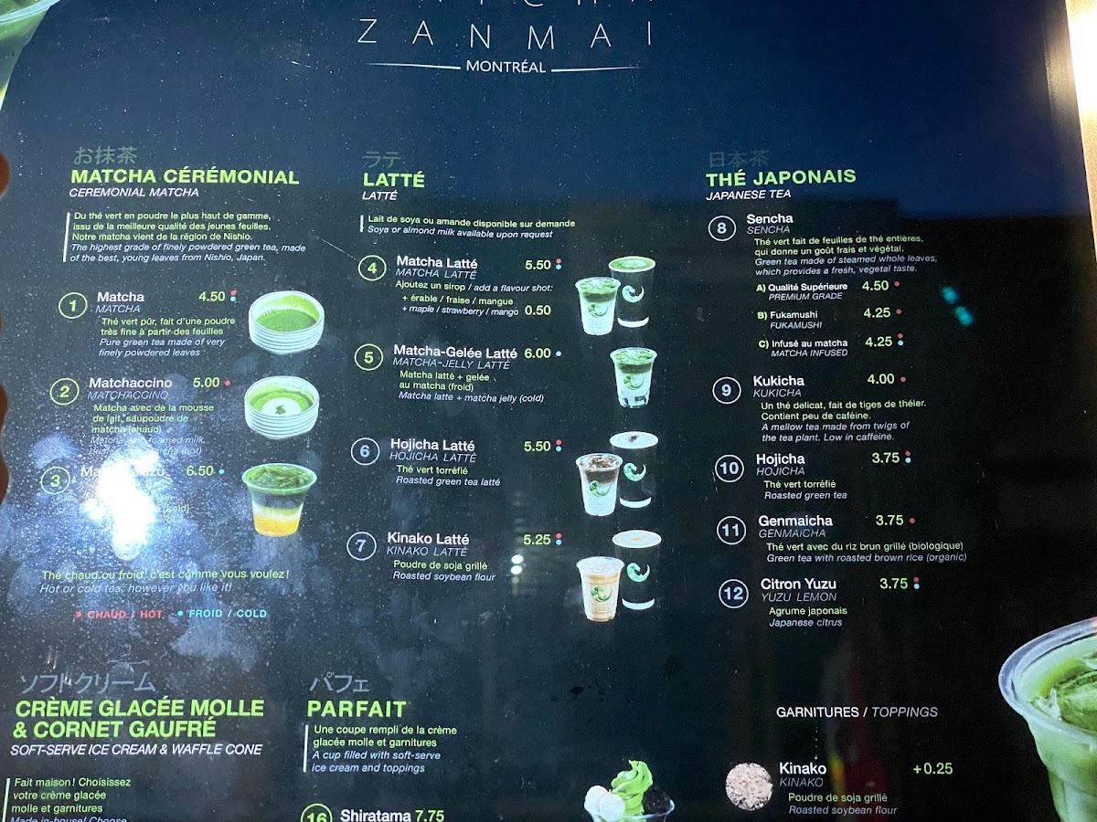 Menu au MATCHA ZANMAI desserts, Montréal