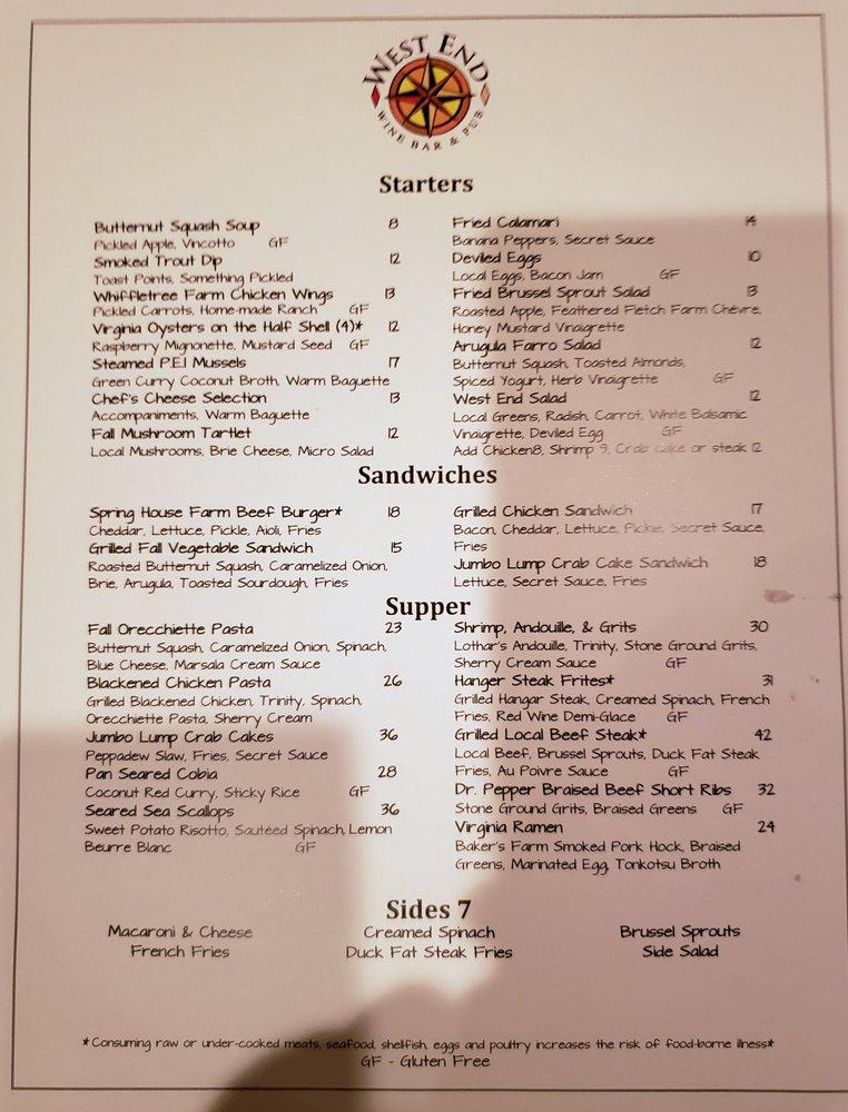 Menu at West End Wine Bar & Pub, Purcellville