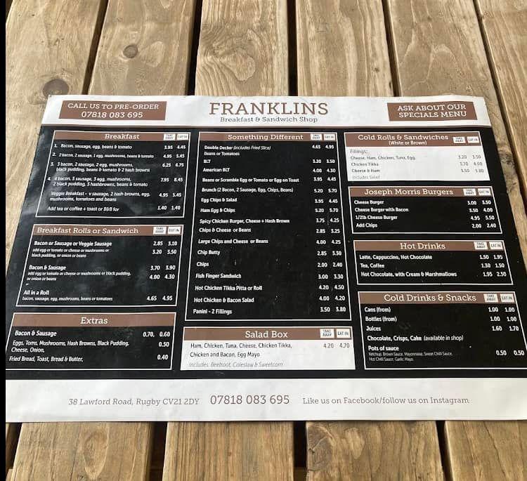 Menu at Franklin's Sandwich Shop fast food, Rugby
