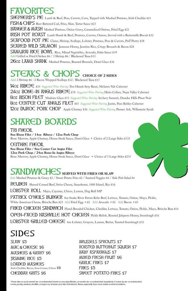 Menu at O'Neil's Tavern & Grill restaurant, Steamboat Springs