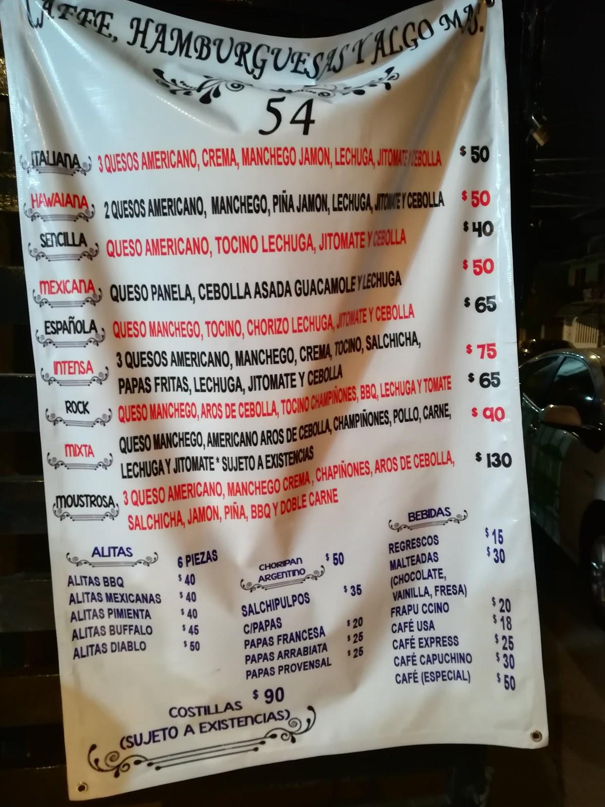 Menu at Hamburguesas 54 restaurant, Mexico City