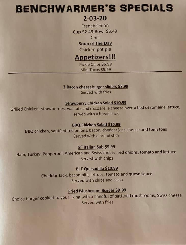 Menu at Bench Warmers Sports Bar & Grill, Sandusky