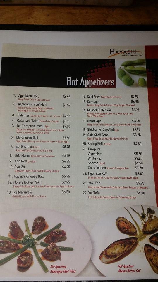 Menu at Hayashi Japanese Restaurant, Gurnee